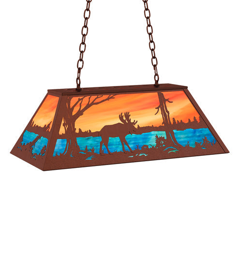 Meyda Lighting Moose at Lake 33" 6-Light Rust Island Pendant Light With Orange & Blue Shade Glass