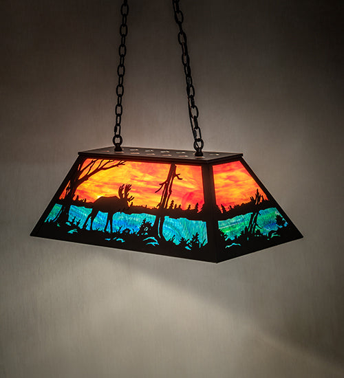 Meyda Lighting Moose at Lake 33" 6-Light Textured Black Island Pendant Light With Orange & Blue Green Art Shade Glass
