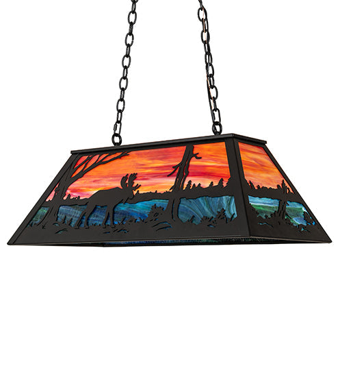 Meyda Lighting Moose at Lake 33" 6-Light Textured Black Island Pendant Light With Orange & Blue Green Art Shade Glass
