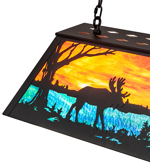 Meyda Lighting Moose at Lake 33" 6-Light Textured Black Island Pendant Light With Orange & Blue Green Art Shade Glass