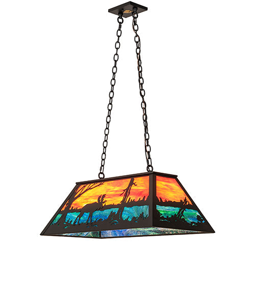 Meyda Lighting Moose at Lake 33" 6-Light Textured Black Island Pendant Light With Orange & Blue Green Art Shade Glass