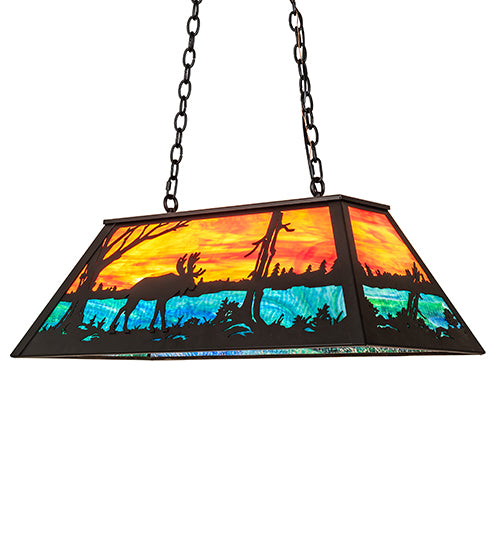 Meyda Lighting Moose at Lake 33" 6-Light Textured Black Island Pendant Light With Orange & Blue Green Art Shade Glass