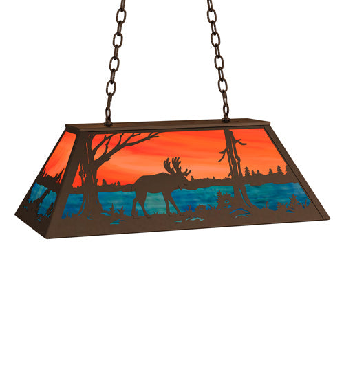 Meyda Lighting Moose at Lake 33" 6-Light Timeless Bronze Island Pendant Light With Orange & Blue Shade Glass