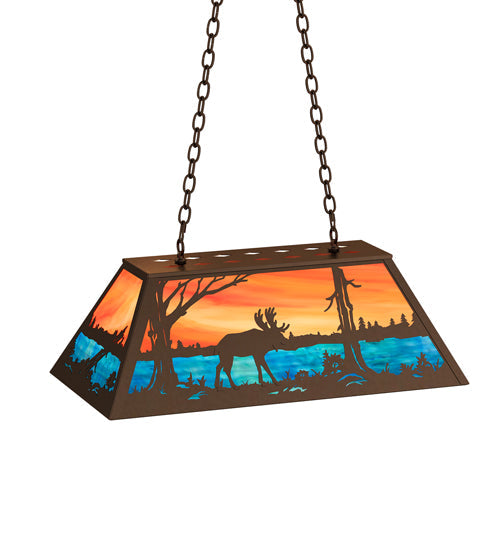 Meyda Lighting Moose at Lake 33" 6-Light Timeless Bronze Island Pendant Light With Orange & Blue Shade Glass