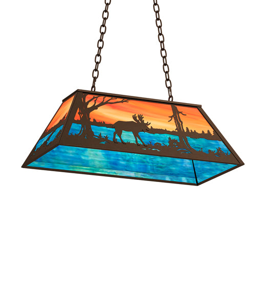 Meyda Lighting Moose at Lake 33" 6-Light Timeless Bronze Island Pendant Light With Orange & Blue Shade Glass