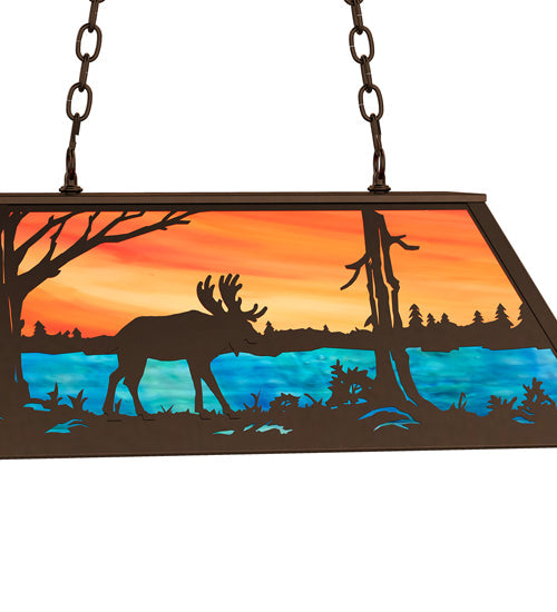 Meyda Lighting Moose at Lake 33" 6-Light Timeless Bronze Island Pendant Light With Orange & Blue Shade Glass