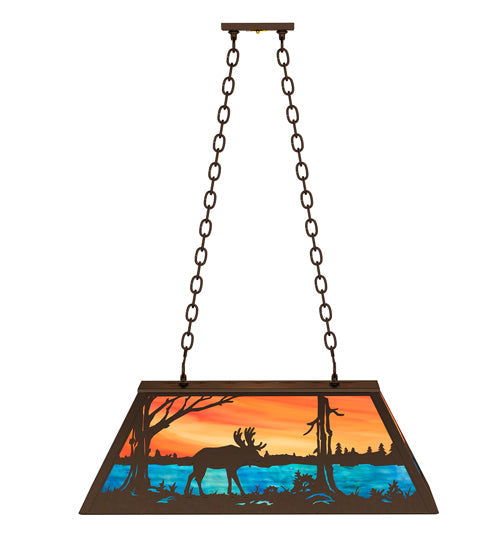 Meyda Lighting Moose at Lake 33" 6-Light Timeless Bronze Island Pendant Light With Orange & Blue Shade Glass