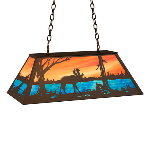 Meyda Lighting Moose at Lake 33" 6-Light Timeless Bronze Island Pendant Light With Orange & Blue Shade Glass