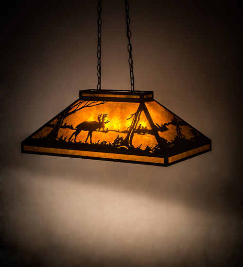 Meyda Lighting Moose at Lake 33" Textured Black Island Pendant Light With Amber Mica Shade Glass