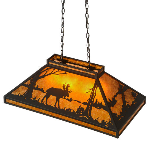 Meyda Lighting Moose at Lake 33" Textured Black Island Pendant Light With Amber Mica Shade Glass
