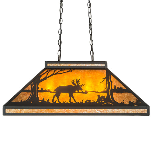 Meyda Lighting Moose at Lake 33" Textured Black Island Pendant Light With Amber Mica Shade Glass