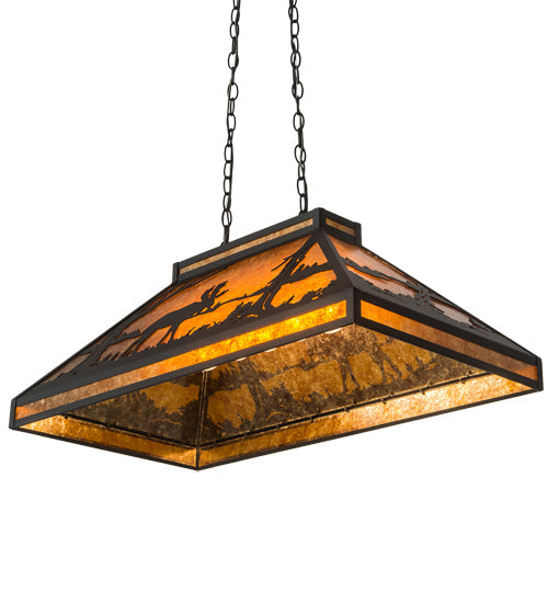 Meyda Lighting Moose at Lake 33" Textured Black Island Pendant Light With Amber Mica Shade Glass