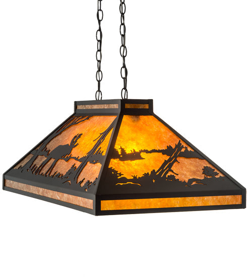 Meyda Lighting Moose at Lake 33" Textured Black Island Pendant Light With Amber Mica Shade Glass