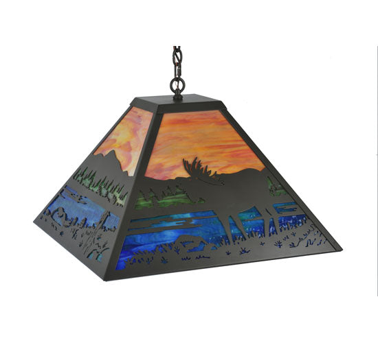 Meyda Lighting Moose at Lake 34" 3-Light Timeless Bronze Pendant Light With Multi-Colored Shade Glass