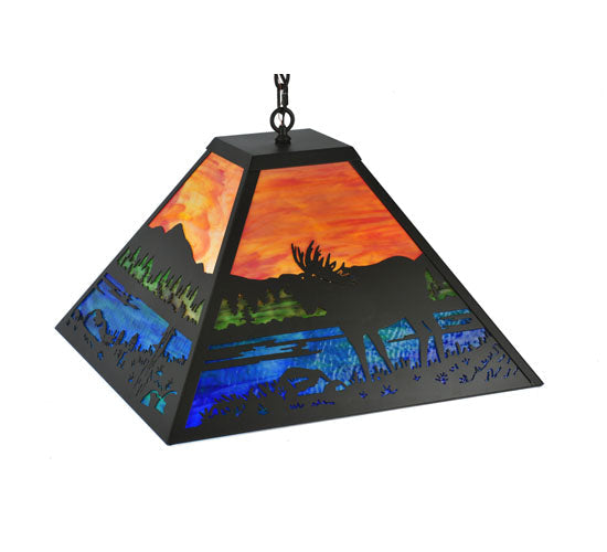 Meyda Lighting Moose at Lake 34" 3-Light Timeless Bronze Pendant Light With Multi-Colored Shade Glass