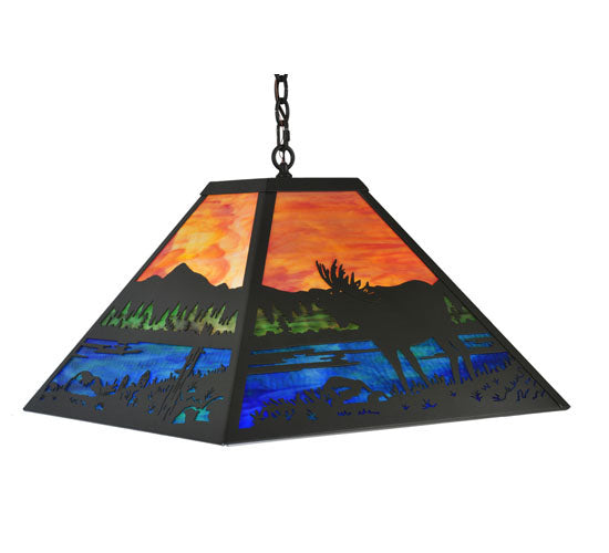 Meyda Lighting Moose at Lake 34" 3-Light Timeless Bronze Pendant Light With Multi-Colored Shade Glass