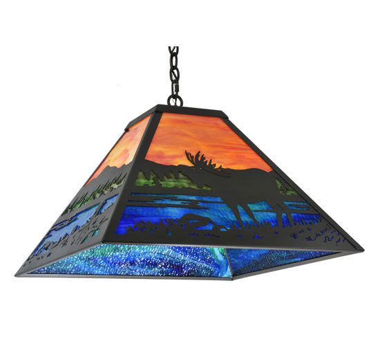 Meyda Lighting Moose at Lake 34" 3-Light Timeless Bronze Pendant Light With Multi-Colored Shade Glass