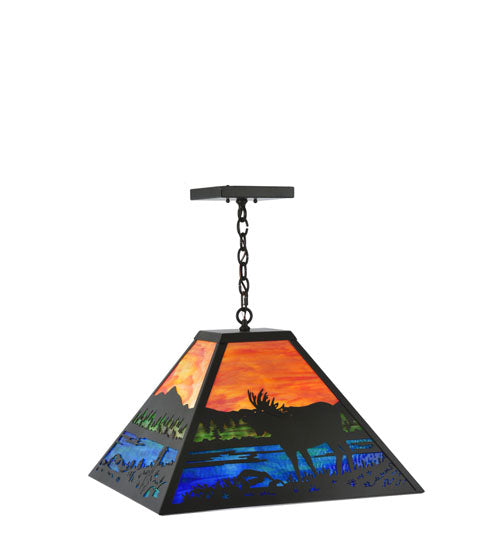 Meyda Lighting Moose at Lake 34" 3-Light Timeless Bronze Pendant Light With Multi-Colored Shade Glass