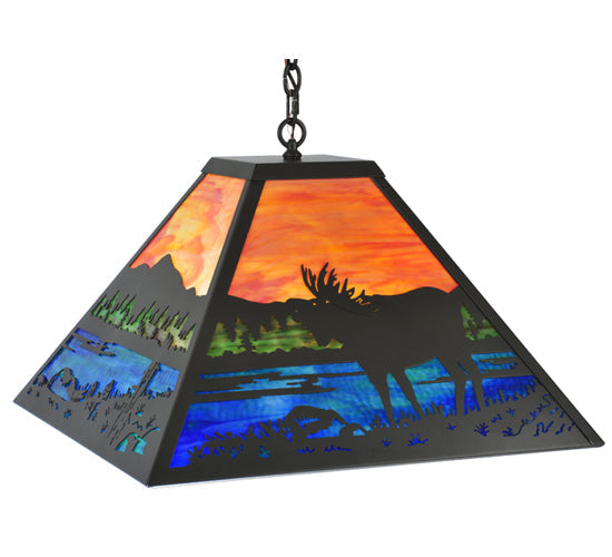 Meyda Lighting Moose at Lake 34" 3-Light Timeless Bronze Pendant Light With Multi-Colored Shade Glass