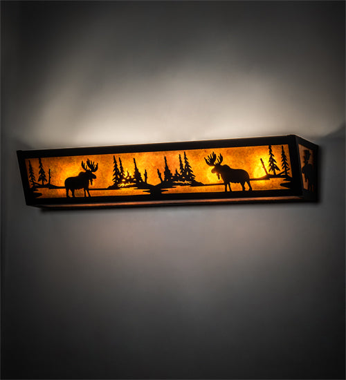 Meyda Lighting Moose at Lake 36" 4-Light Textured Black Vanity Light With Amber Mica Shade Glass