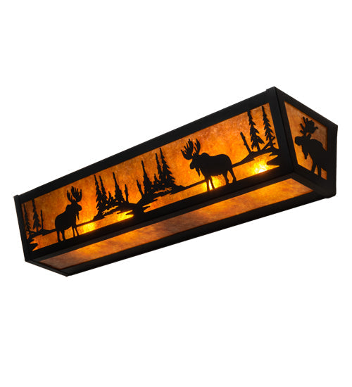 Meyda Lighting Moose at Lake 36" 4-Light Textured Black Vanity Light With Amber Mica Shade Glass