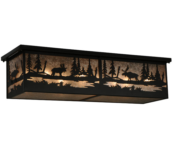 Meyda Lighting Moose at Lake 44" 8-Light Textured Black Flush Mount Light With Silver Mica Shade Glass