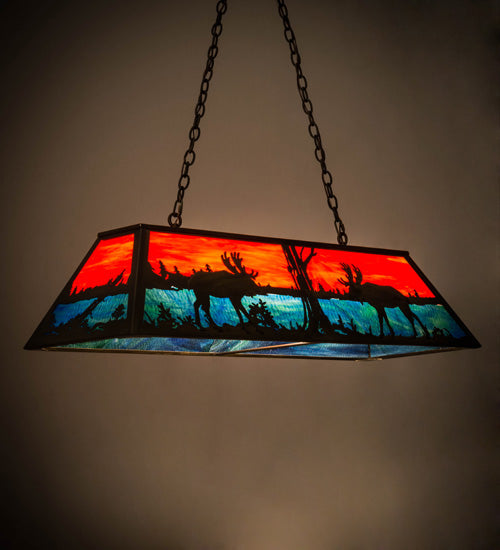 Meyda Lighting Moose at Lake 48" 6-Light Antique Copper Island Pendant Light With Orange & Blue Green Art Shade Glass