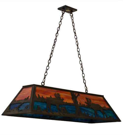 Meyda Lighting Moose at Lake 48" 6-Light Antique Copper Island Pendant Light With Orange & Blue Green Art Shade Glass