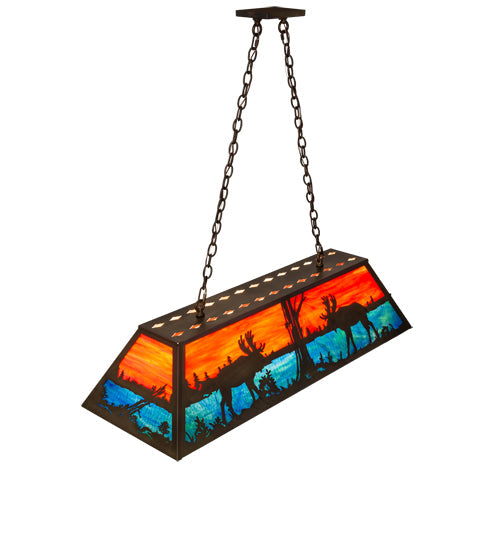 Meyda Lighting Moose at Lake 48" 6-Light Antique Copper Island Pendant Light With Orange & Blue Green Art Shade Glass