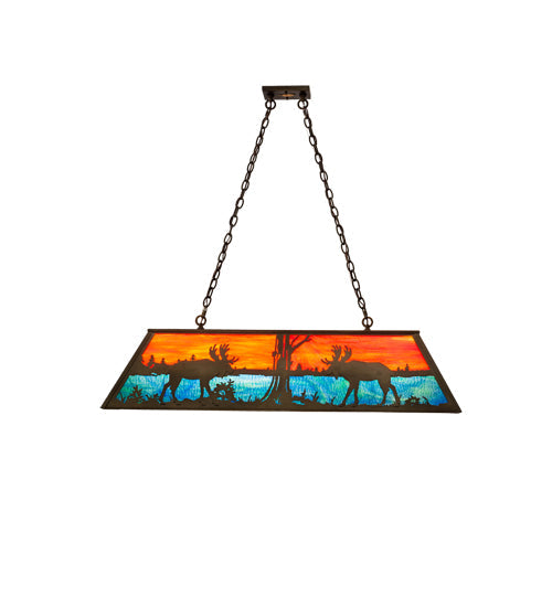 Meyda Lighting Moose at Lake 48" 6-Light Antique Copper Island Pendant Light With Orange & Blue Green Art Shade Glass