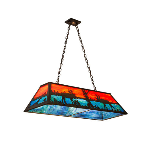 Meyda Lighting Moose at Lake 48" 6-Light Antique Copper Island Pendant Light With Orange & Blue Green Art Shade Glass