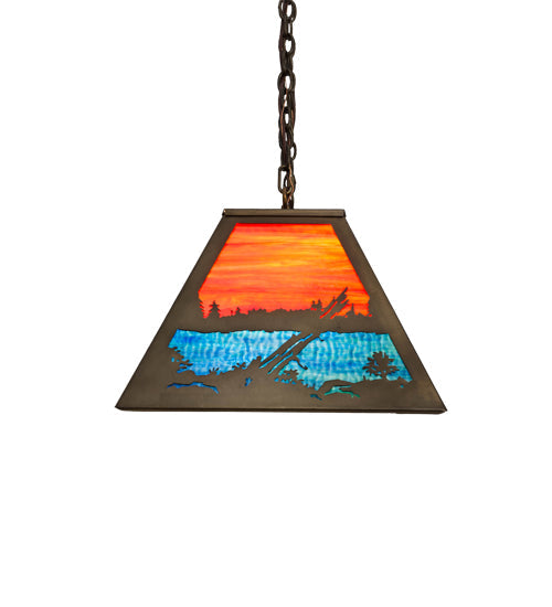 Meyda Lighting Moose at Lake 48" 6-Light Antique Copper Island Pendant Light With Orange & Blue Green Art Shade Glass