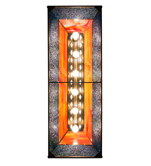 Meyda Lighting Moose at Lake 48" 6-Light Antique Copper Island Pendant Light With Orange & Blue Green Art Shade Glass