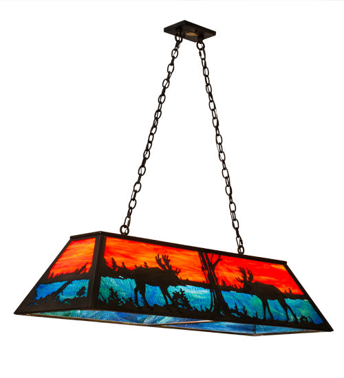 Meyda Lighting Moose at Lake 48" 6-Light Antique Copper Island Pendant Light With Orange & Blue Green Art Shade Glass