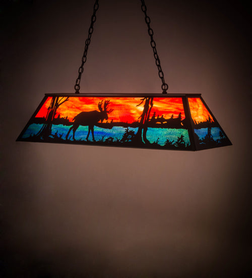 Meyda Lighting Moose at Lake 48" 6-Light Textured Black Island Pendant Light With Orange & Blue Green Art Shade Glass