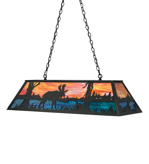 Meyda Lighting Moose at Lake 48" 6-Light Textured Black Island Pendant Light With Orange & Blue Green Art Shade Glass