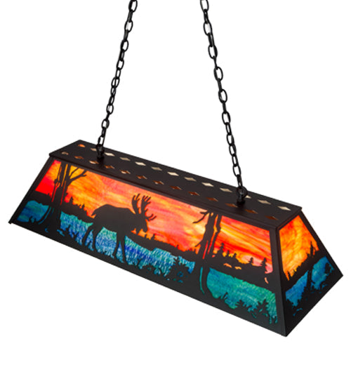 Meyda Lighting Moose at Lake 48" 6-Light Textured Black Island Pendant Light With Orange & Blue Green Art Shade Glass