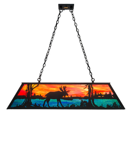 Meyda Lighting Moose at Lake 48" 6-Light Textured Black Island Pendant Light With Orange & Blue Green Art Shade Glass