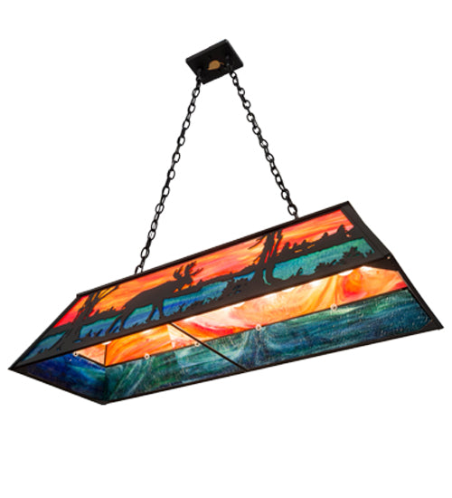 Meyda Lighting Moose at Lake 48" 6-Light Textured Black Island Pendant Light With Orange & Blue Green Art Shade Glass