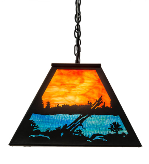 Meyda Lighting Moose at Lake 48" 6-Light Textured Black Island Pendant Light With Orange & Blue Green Art Shade Glass