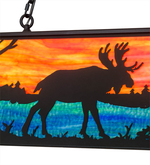 Meyda Lighting Moose at Lake 48" 6-Light Textured Black Island Pendant Light With Orange & Blue Green Art Shade Glass