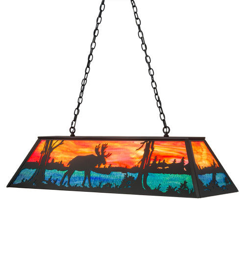 Meyda Lighting Moose at Lake 48" 6-Light Textured Black Island Pendant Light With Orange & Blue Green Art Shade Glass