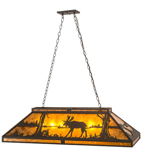 Meyda Lighting Moose at Lake 48" 7-Light Wrought Iron Island Pendant Light With Amber Mica Shade Glass