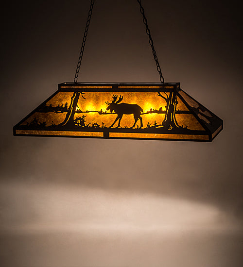 Meyda Lighting Moose at Lake 48" 7-Light Wrought Iron Island Pendant Light With Amber Mica Shade Glass