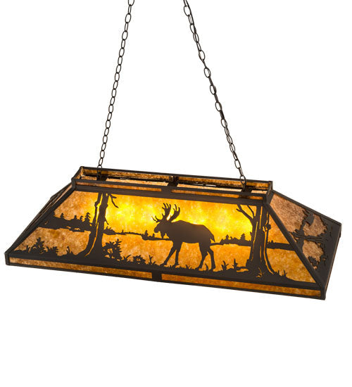 Meyda Lighting Moose at Lake 48" 7-Light Wrought Iron Island Pendant Light With Amber Mica Shade Glass