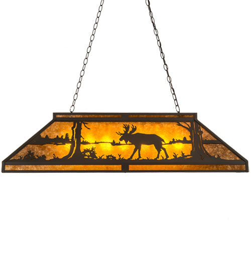 Meyda Lighting Moose at Lake 48" 7-Light Wrought Iron Island Pendant Light With Amber Mica Shade Glass