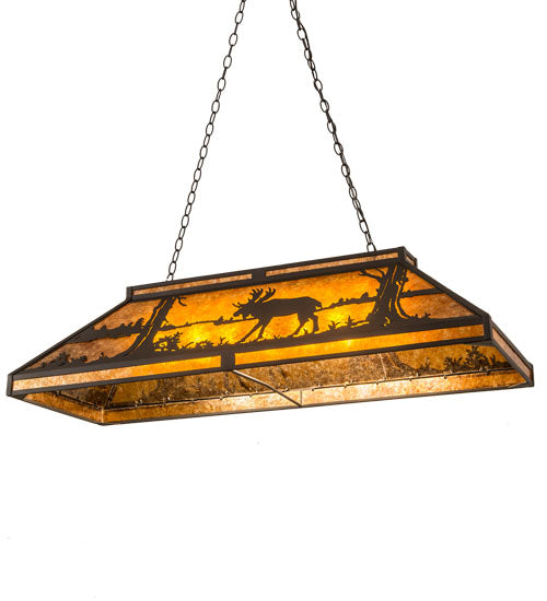 Meyda Lighting Moose at Lake 48" 7-Light Wrought Iron Island Pendant Light With Amber Mica Shade Glass