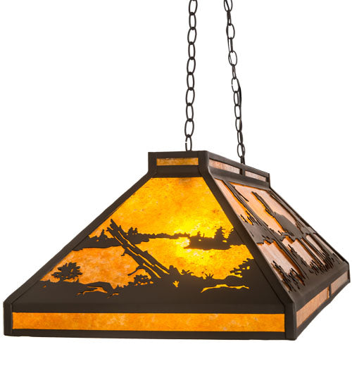 Meyda Lighting Moose at Lake 48" 7-Light Wrought Iron Island Pendant Light With Amber Mica Shade Glass