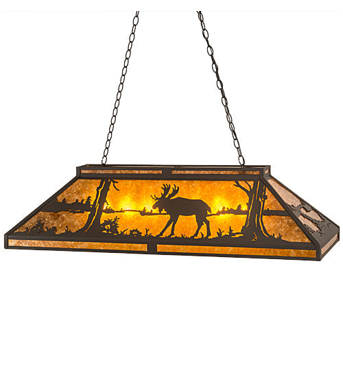 Meyda Lighting Moose at Lake 48" 7-Light Wrought Iron Island Pendant Light With Amber Mica Shade Glass