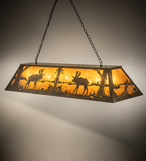 Meyda Lighting Moose at Lake 60" 9-Light Antique Copper Island Pendant Light With Amber Mica Shade Glass